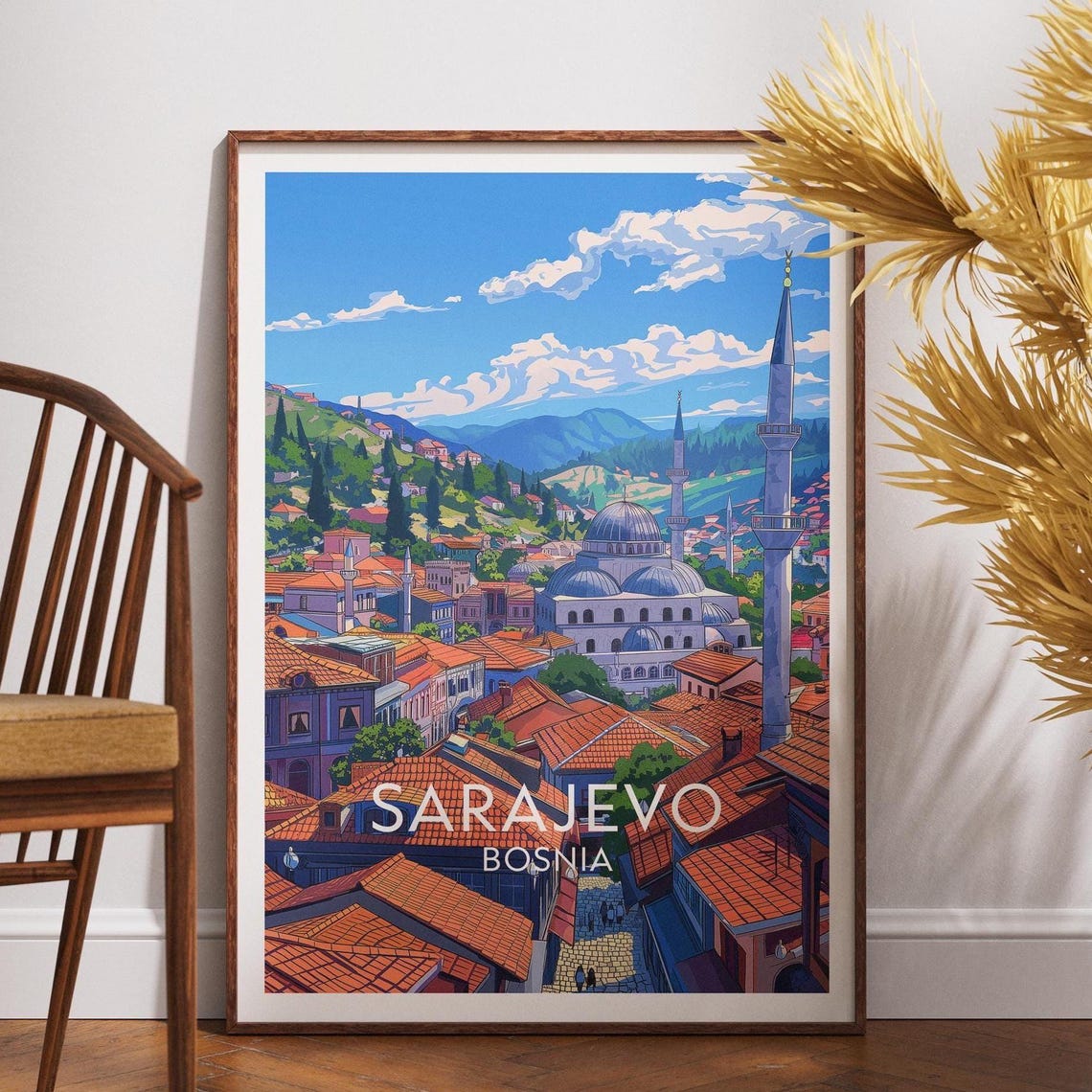 Sarajevo Bosnia Vintage Travel Poster Minarets and Red Roofs