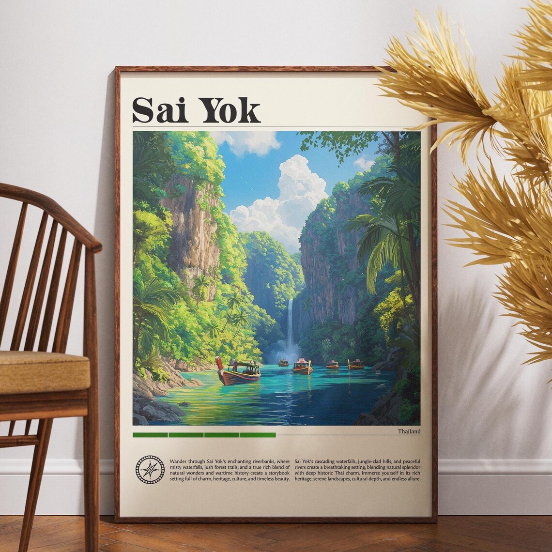 Sai Yok Thailand Travel Poster Jungle Waterfall River Boats Nature Art