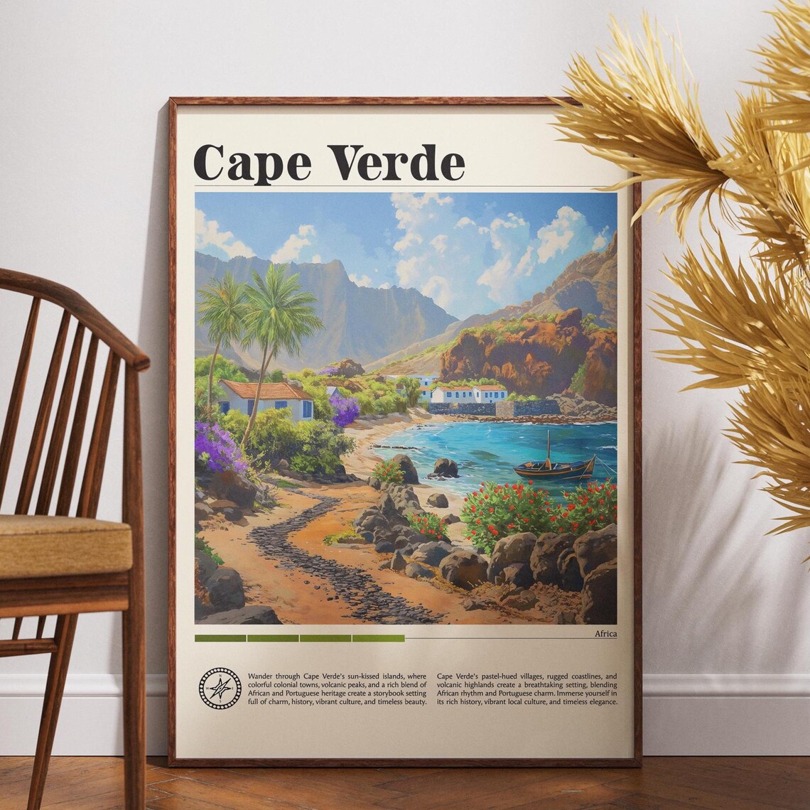 Cape Verde Travel Poster Rocky Volcanic Cove Fishing Boat Ocean View