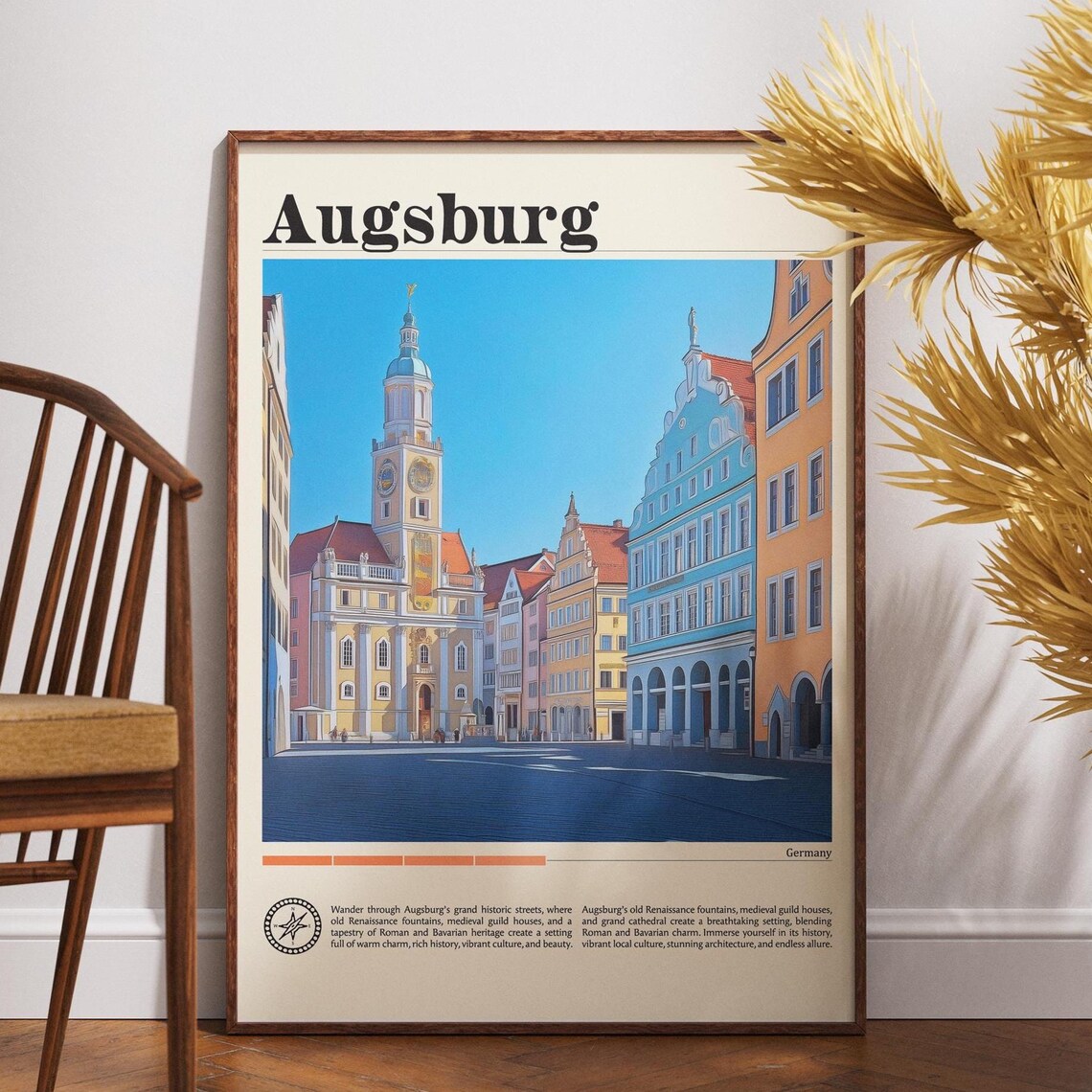 Augsburg Germany Rathausplatz Town Hall Vintage Travel Poster