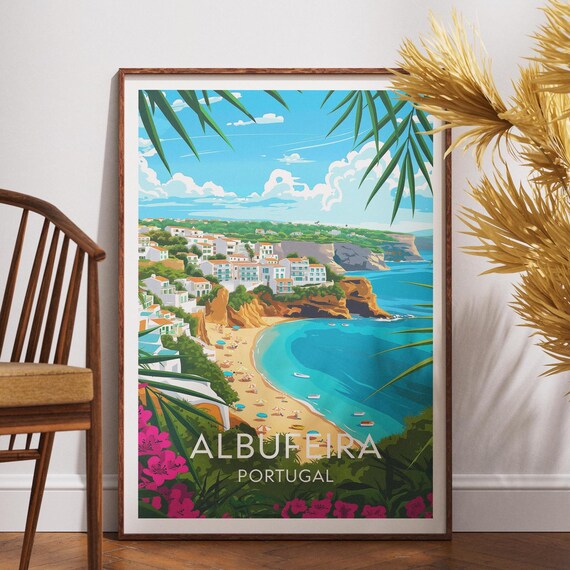 Albufeira Portugal Beach Cliffs Turquoise Sunny Bay Travel Poster