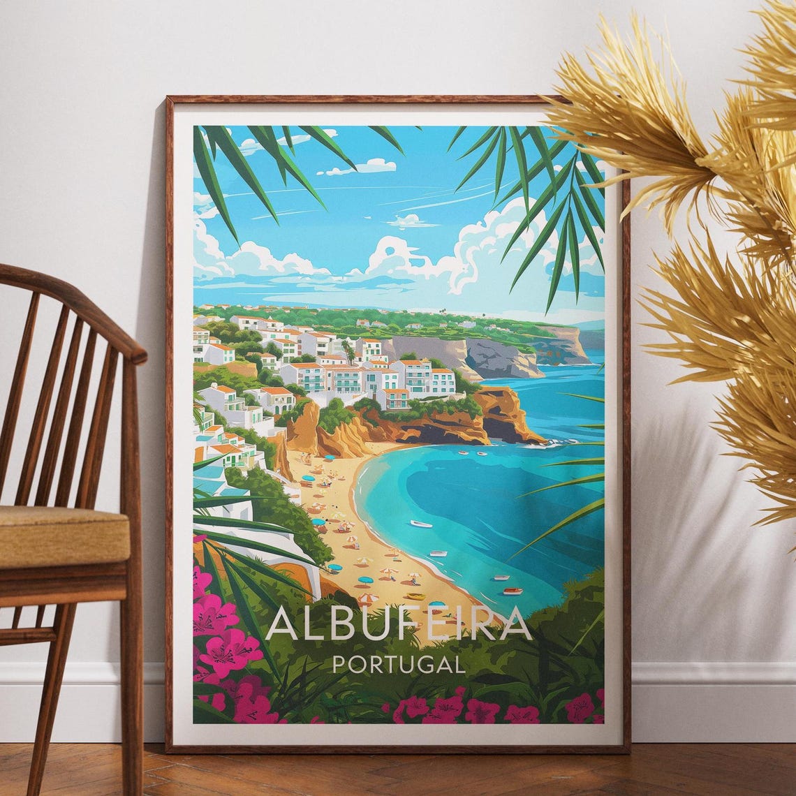 Albufeira Portugal Beach Cliffs Turquoise Sunny Bay Travel Poster