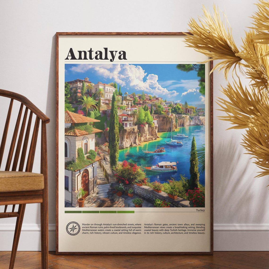 Antalya Turkey Travel Poster Turquoise Harbor Boats and Cliffs