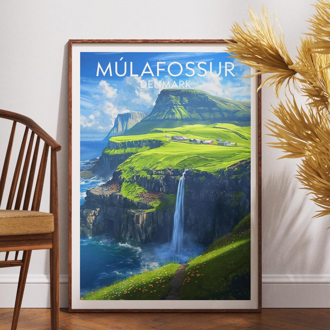 Múlafossur Denmark Travel Poster Waterfall Over Cliffs Coastal Art