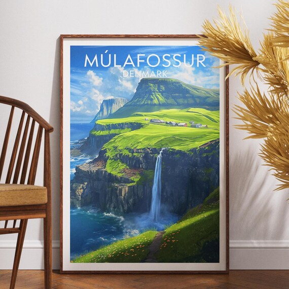 Múlafossur Denmark Travel Poster Waterfall Over Cliffs Coastal Art