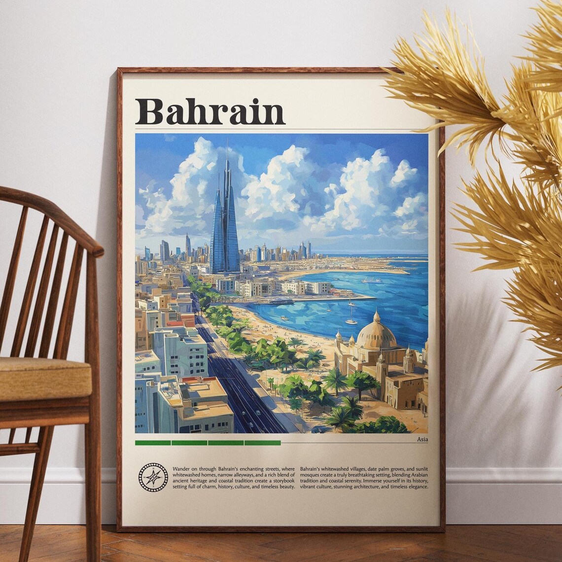 Bahrain City Mosque Waterfront Modern Skyline Harbor Travel Poster