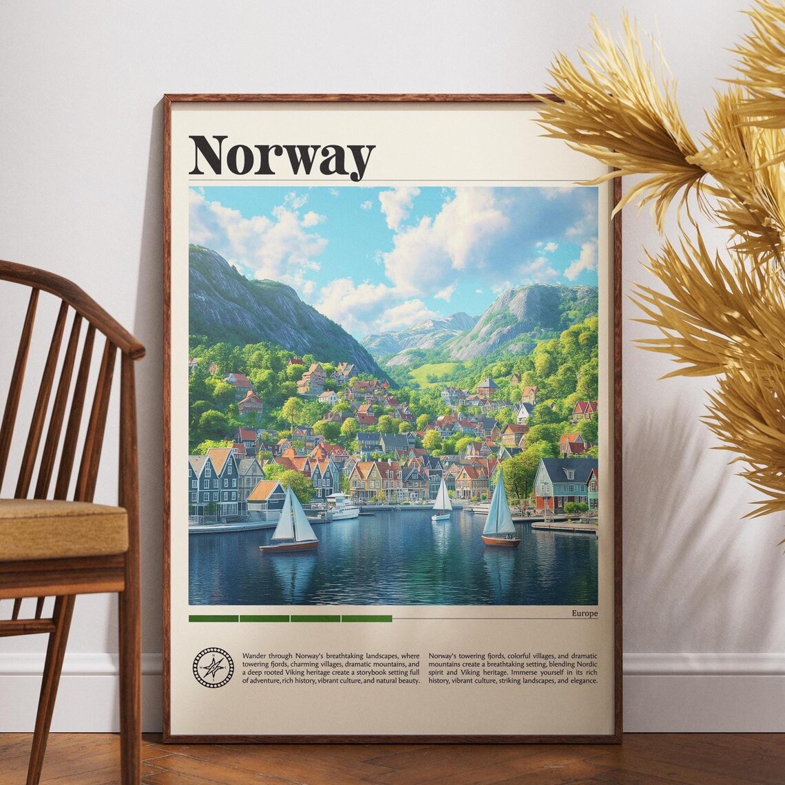 Norway Harbor Town Vintage Sailboats Waterfront Travel Poster