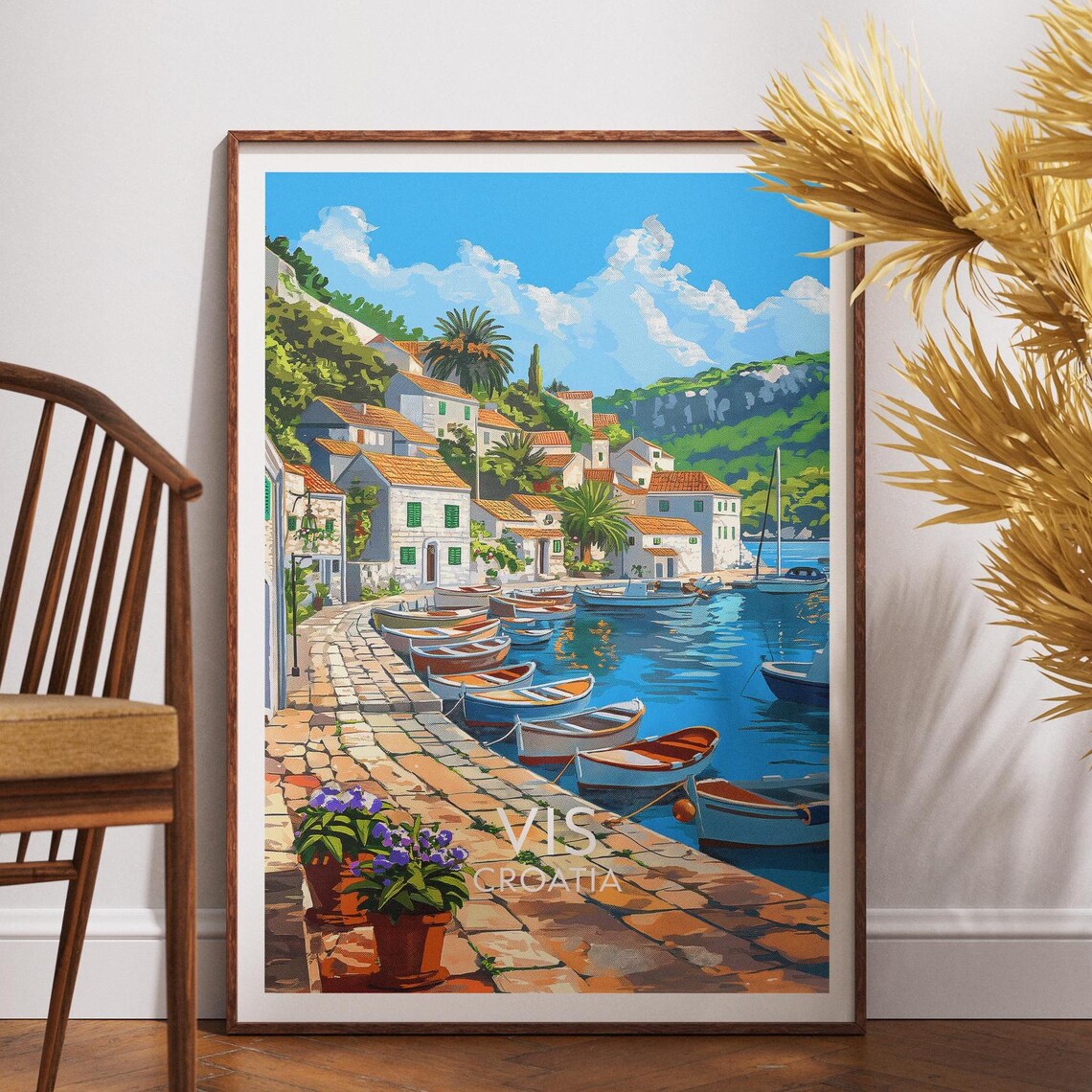 Vis Croatia Fishing Harbour Boats Coastal Village Travel Art Poster