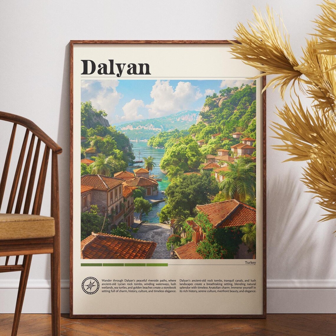Dalyan Turkey Travel Poster Winding River Red Roofs and Green Hills