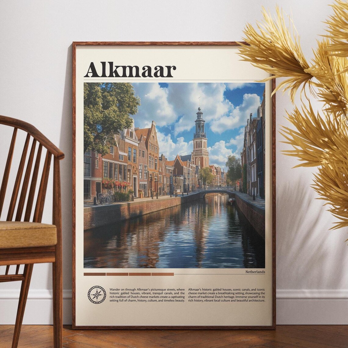 Alkmaar Netherlands Travel Poster Canal and Church Tower Cityscape