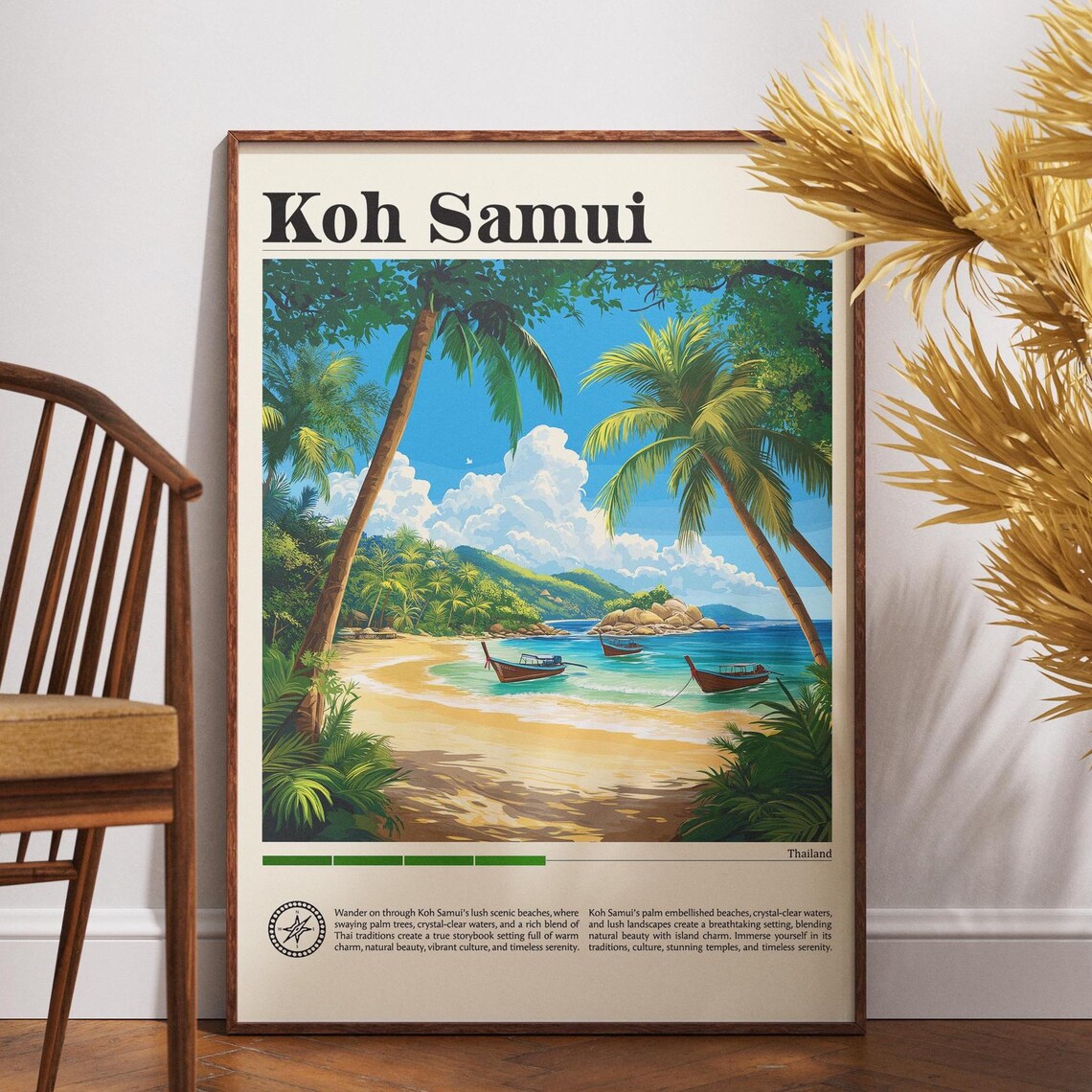 Koh Samui Thailand Palm Beach Longtail Boats Tropical Travel Poster