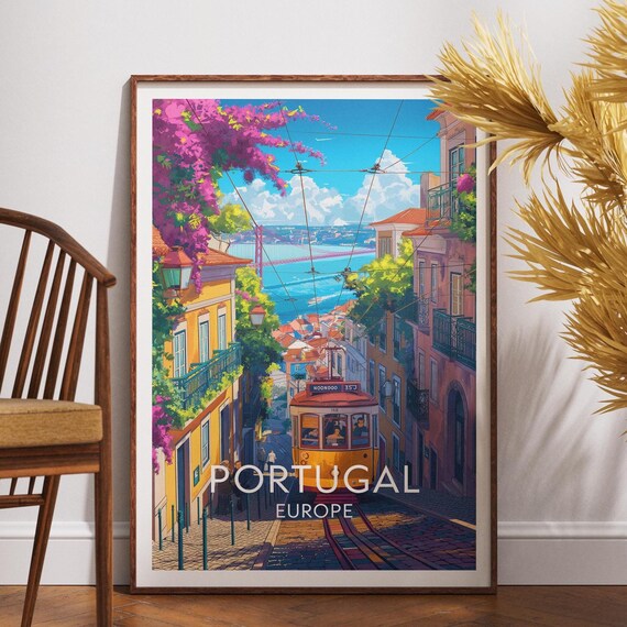 Lisbon Portugal Yellow Tram Retro Travel Poster Artwork Style
