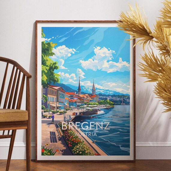 Bregenz Austria Lake Waterfront Boats Harbor Vintage Travel Poster