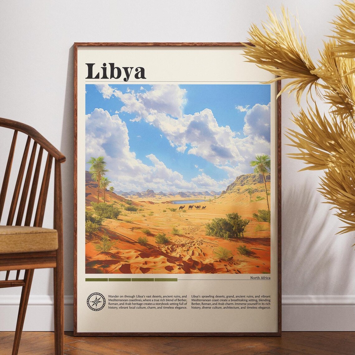 Libya Sahara Desert Dunes Camels Oasis North Africa Travel Poster
