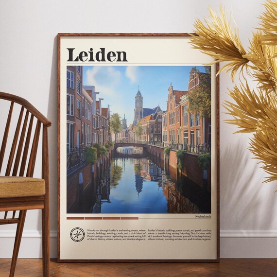 Leiden Netherlands Travel Poster Historic Canal Houses Scene Decor