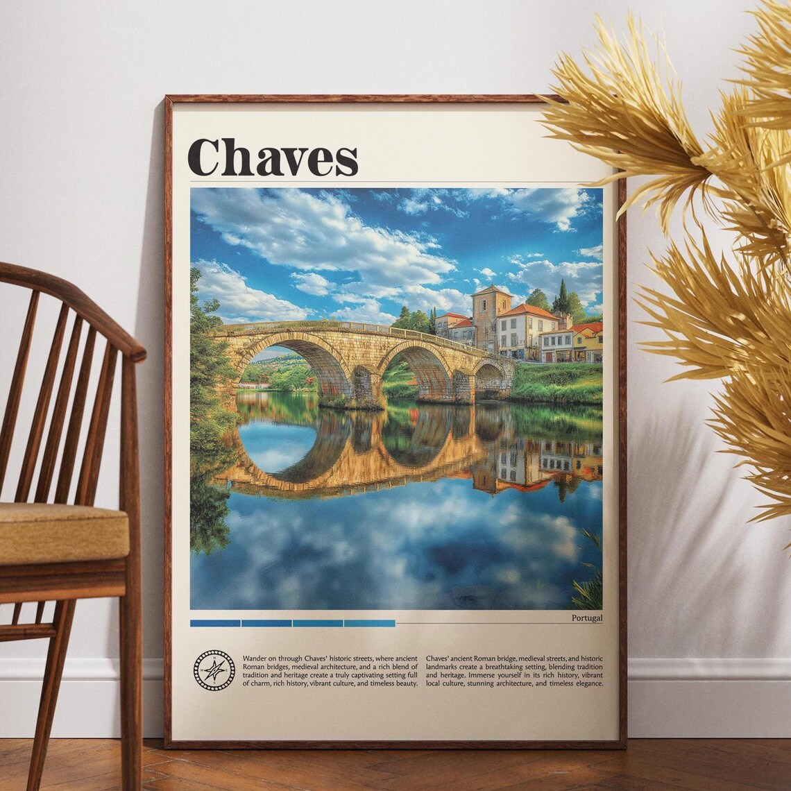 Chaves Portugal Roman Bridge Vintage Travel Poster Riverside Town
