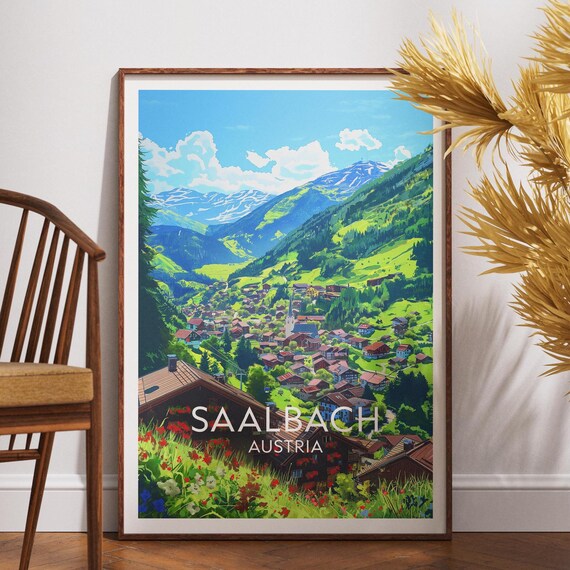 Saalbach Austria Mountain Valley Flower Meadow Sunset View Travel Poster
