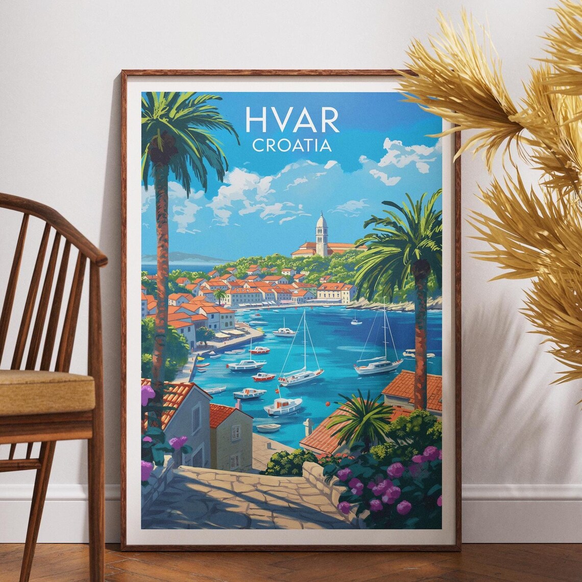 Hvar Croatia Island Harbour Boats Retro Style Travel Art Poster