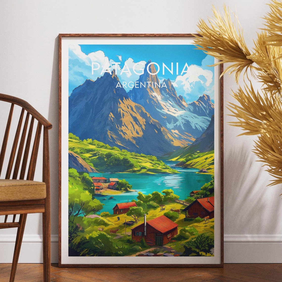 Patagonia Argentina Snowy Mountain Lake Village Scenic Travel Poster