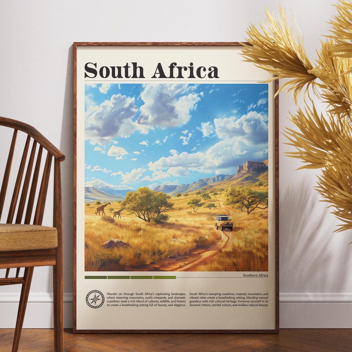 South Africa Safari Giraffes and Jeep Golden Savanna Travel Poster