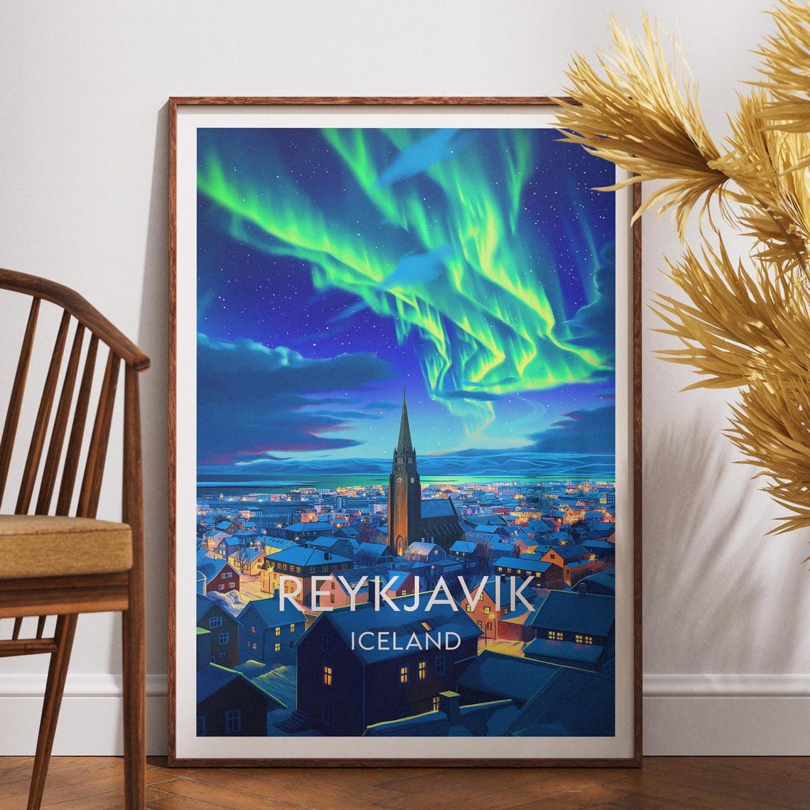 Reykjavik Iceland Aurora Night Sky Centered Title Travel Poster