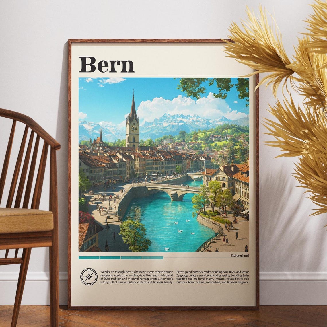 Bern Switzerland Poster with Clock Tower and Turquoise Aare River View