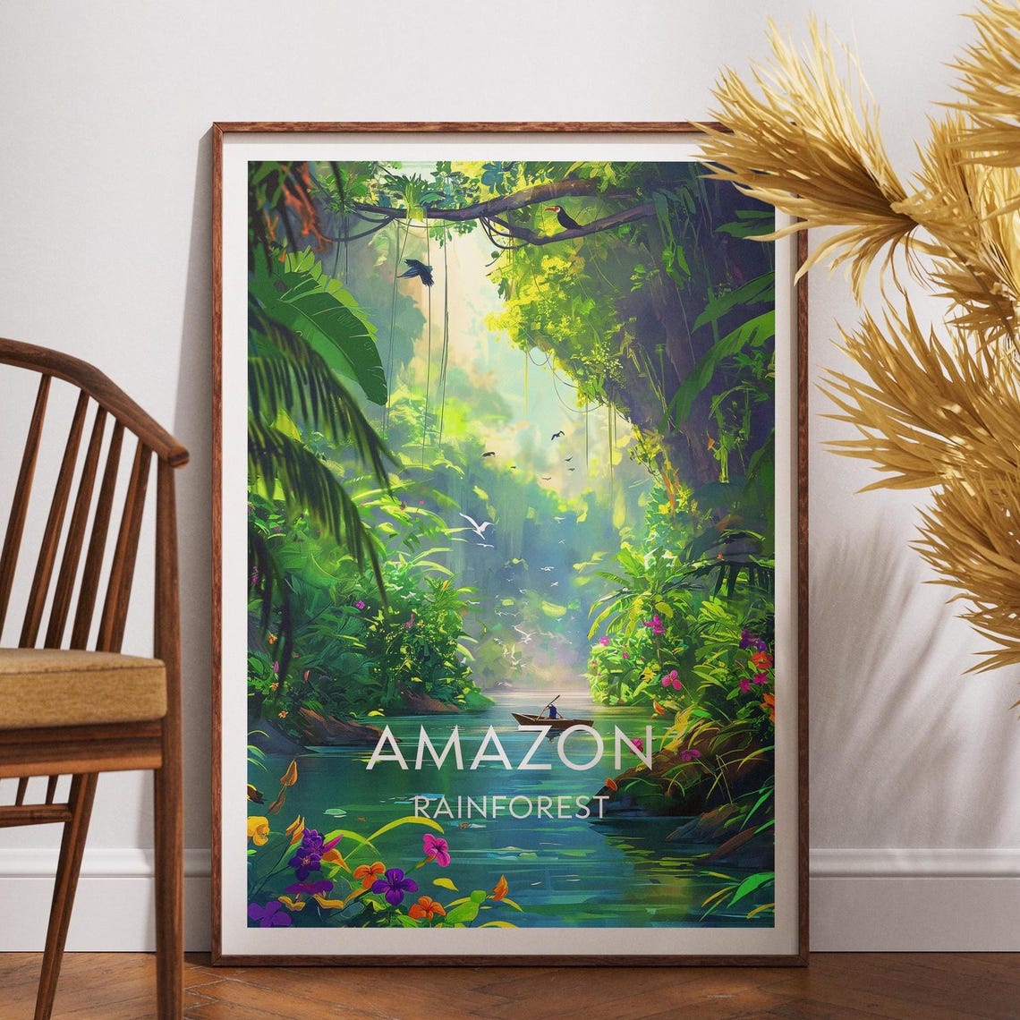 Amazon Rainforest River Canoe Jungle Canopy Bottom Title Travel Poster