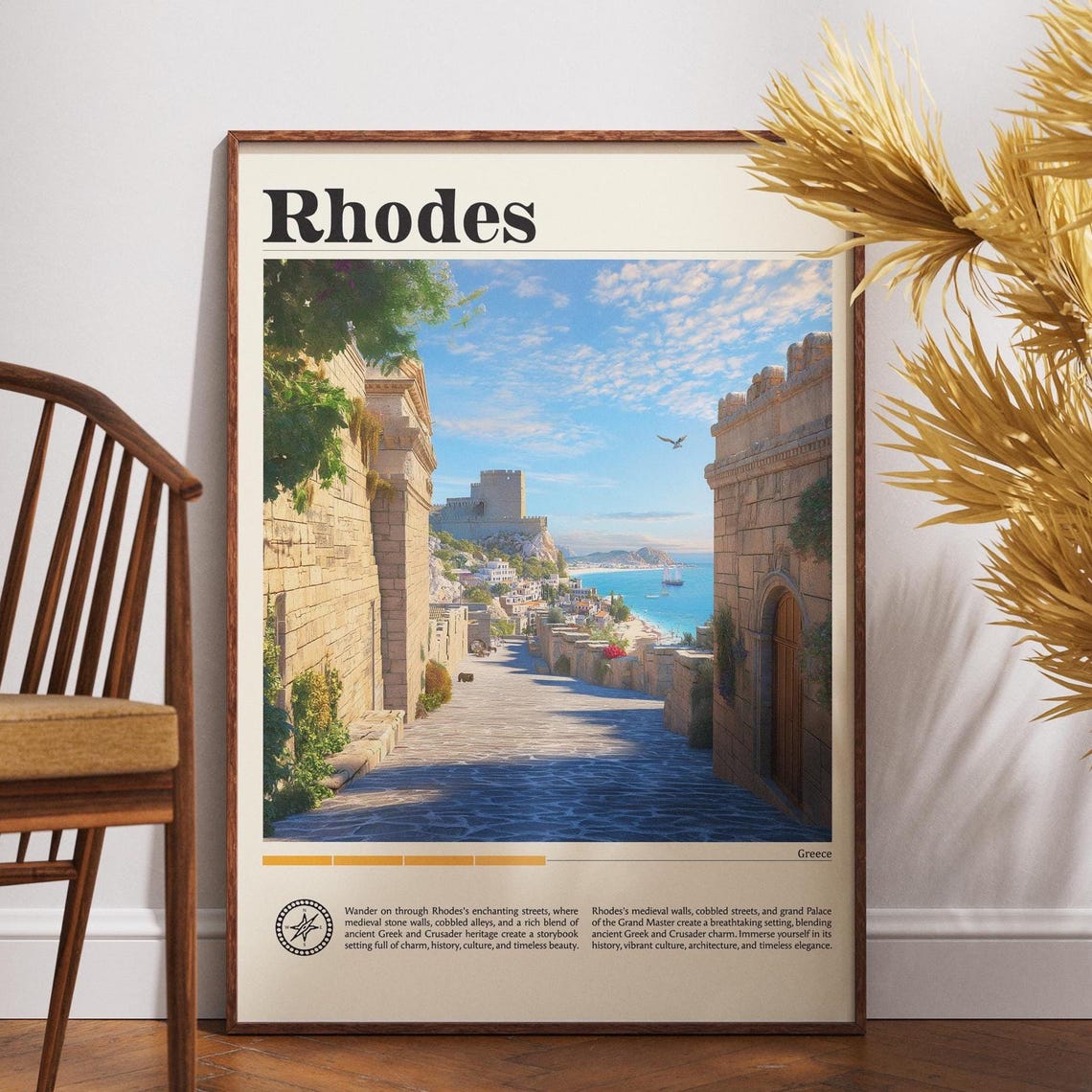 Rhodes Greece Cobblestone Alley and Medieval Walls Travel Poster