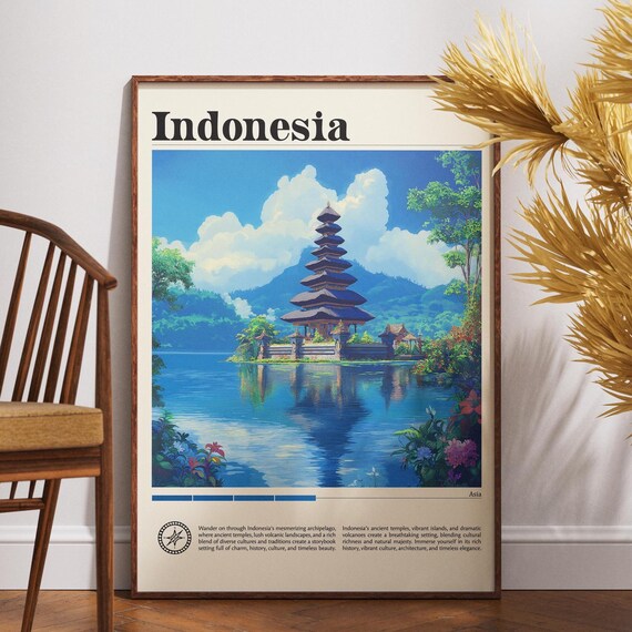 Indonesia Bali Lake Temple Reflection Vintage Asia Travel Poster