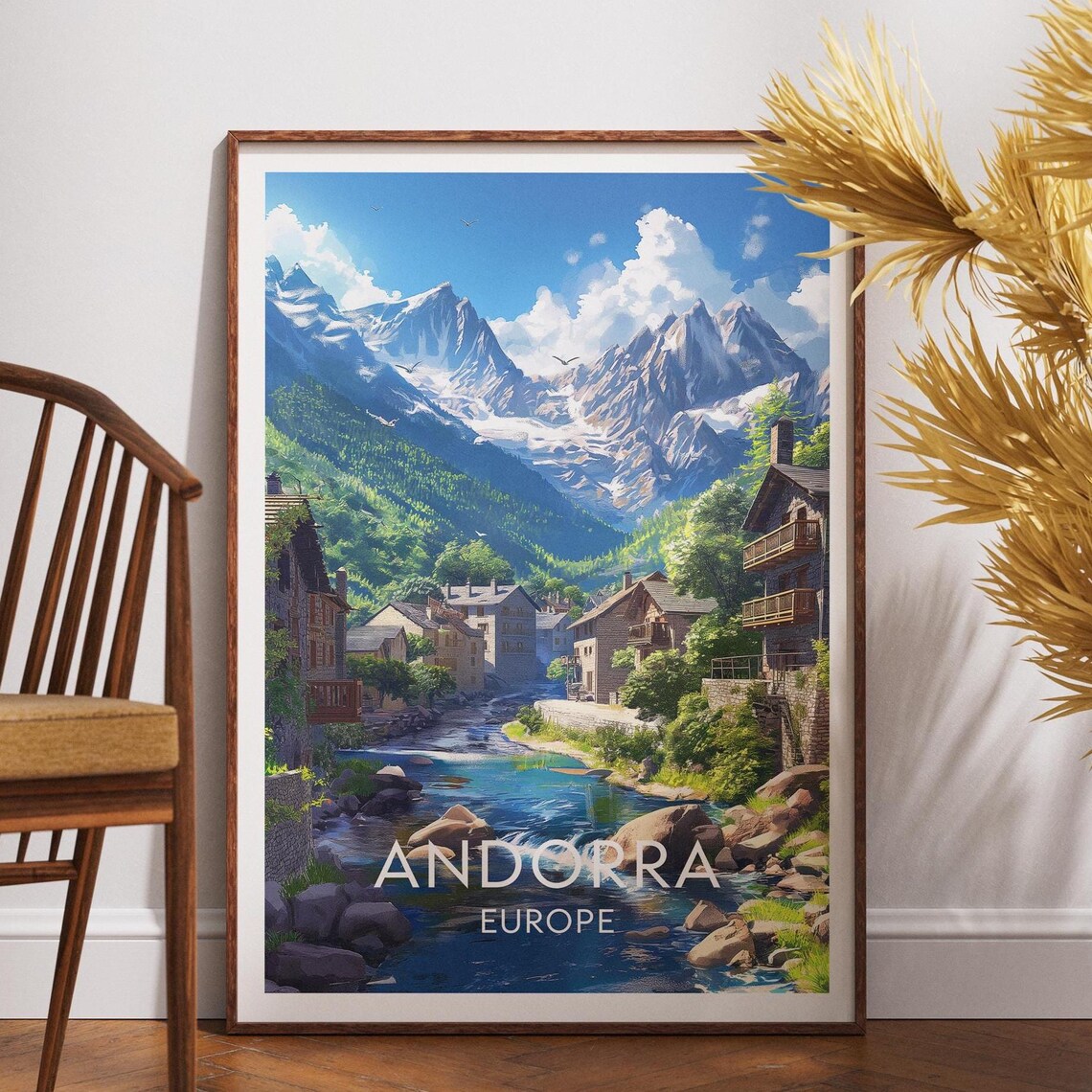 Andorra Europe Mountain Riverside Village Vintage Travel Poster