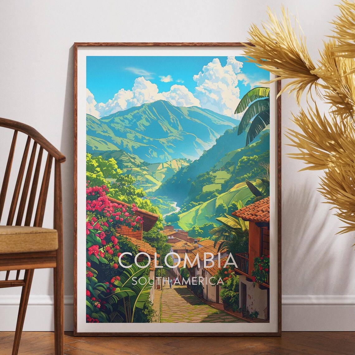 Colombia South America Mountain Village Vintage Travel Poster