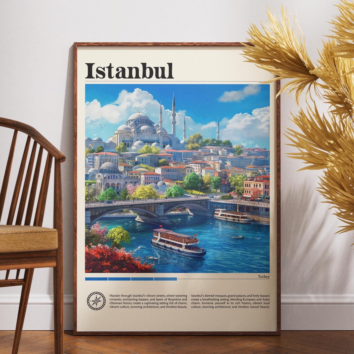 Istanbul Turkey Grand Mosque Golden Horn Bridge Vintage Travel Poster