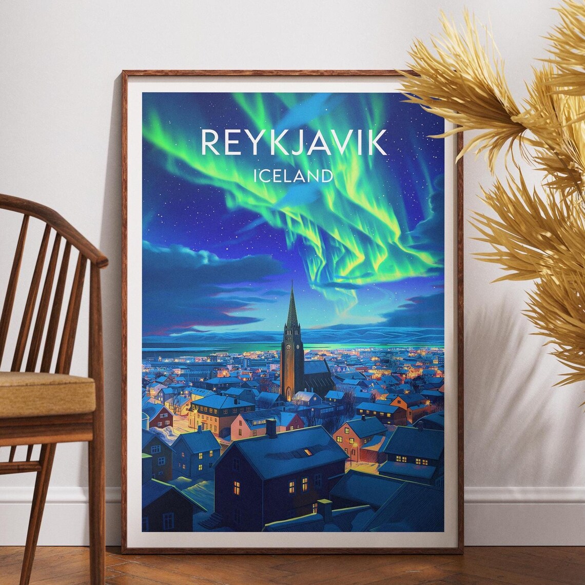 Reykjavik Iceland Northern Lights Over City Church Travel Poster