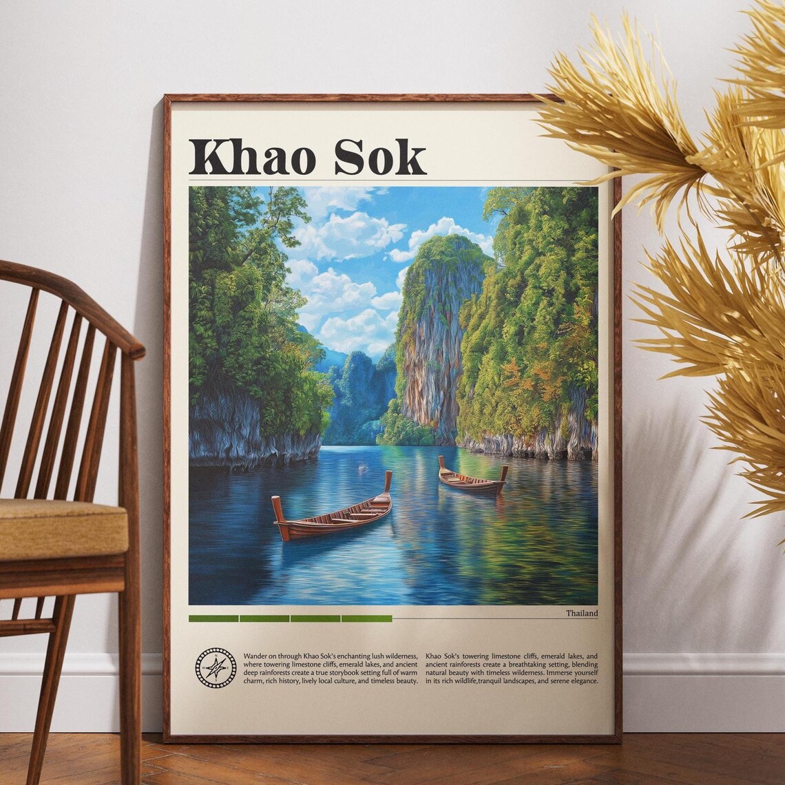 Khao Sok Thailand Travel Poster Emerald Lake Cliffs Longtail Boats