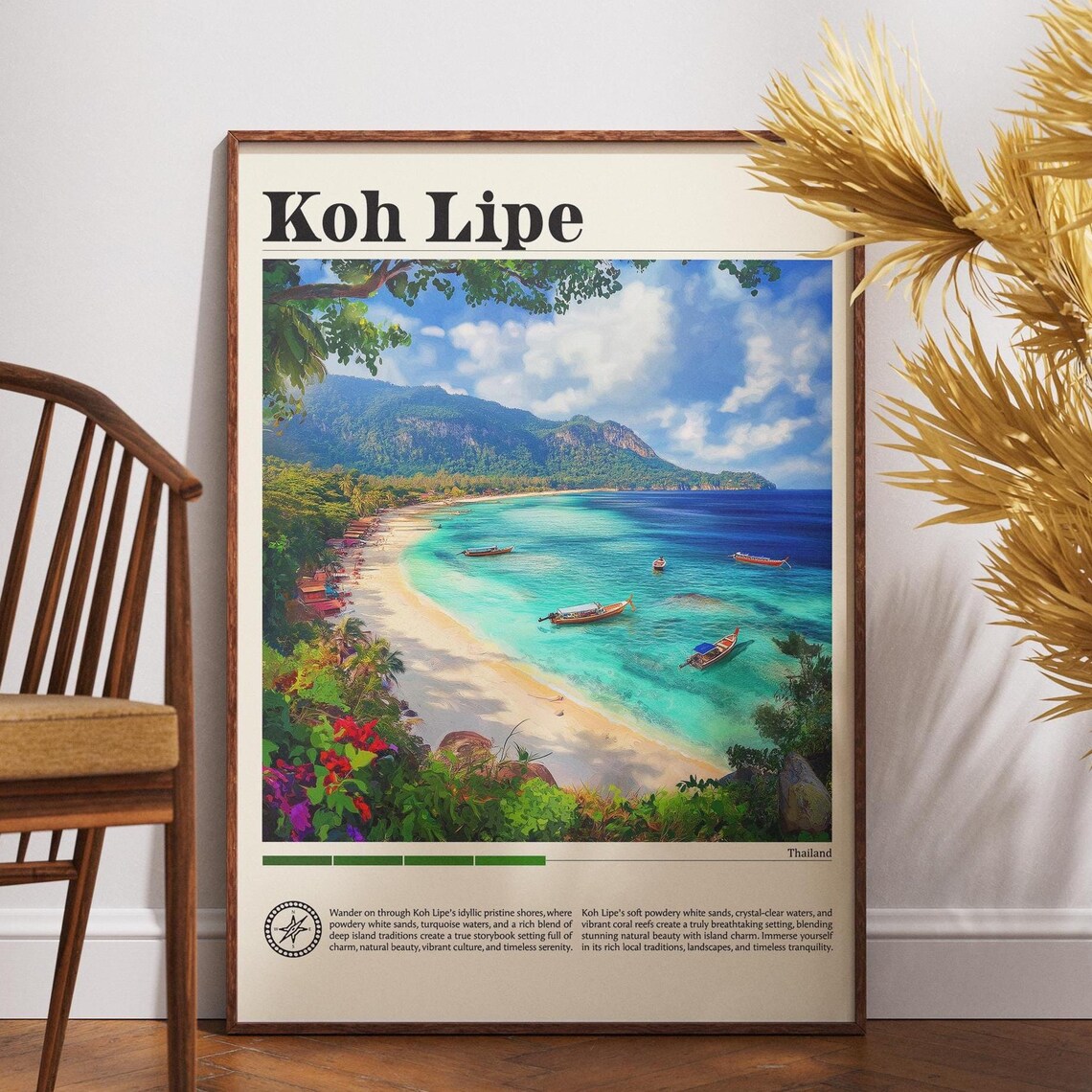 Koh Lipe Thailand Travel Poster White Sand Beach Longtail Boats