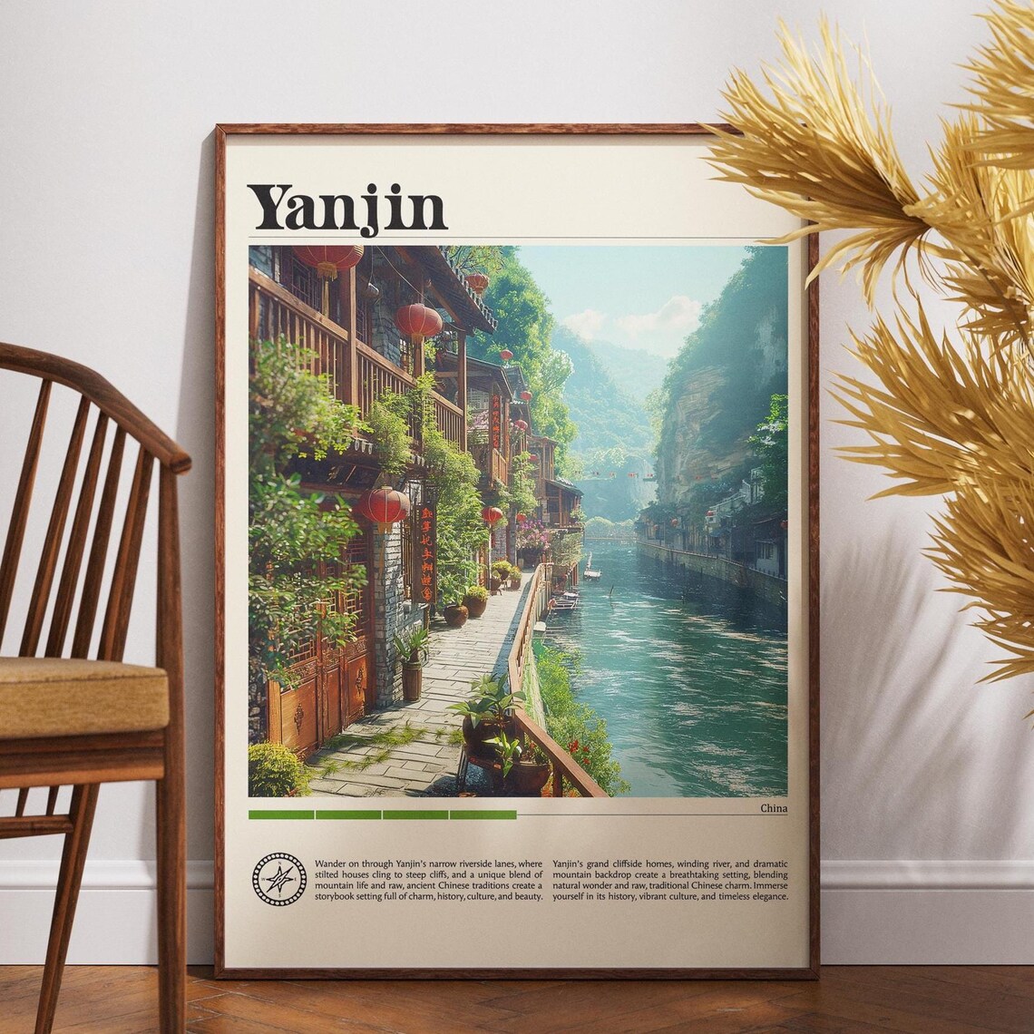 Yanjin China Travel Poster Cliffside River Town Red Lanterns Decor