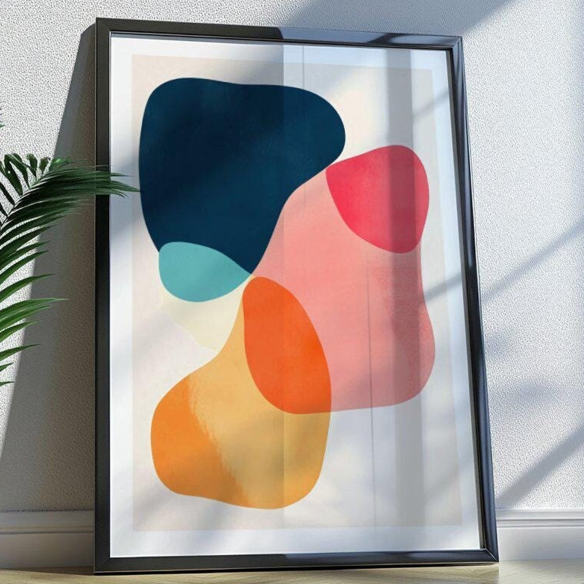 Navy Coral and Teal Organic Blob Abstract Mid Century Poster