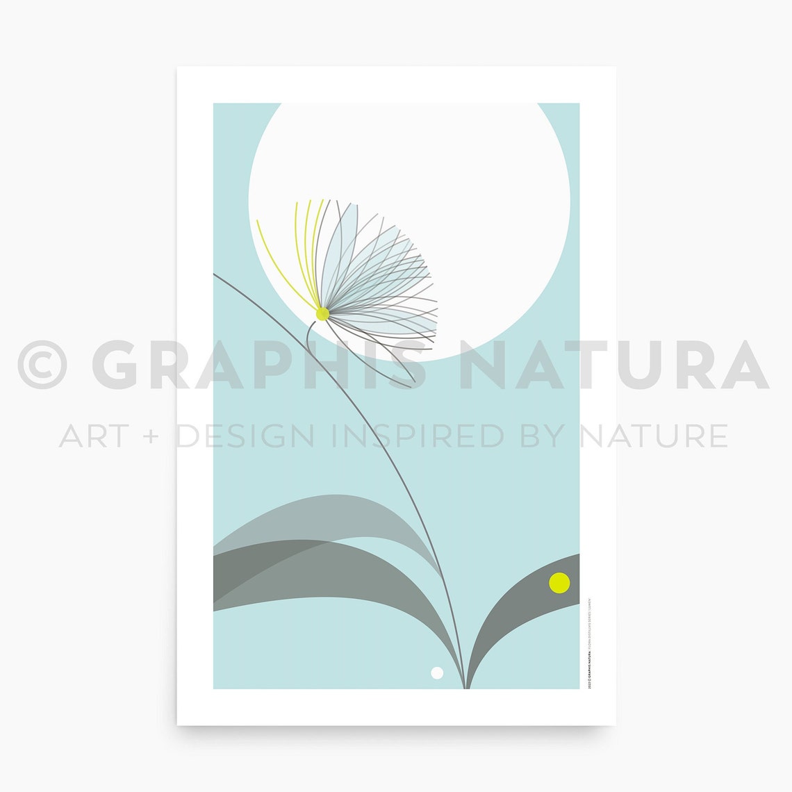 Moonlit White Flower Under a Moon Circle on Charcoal Art Poster - Image 2