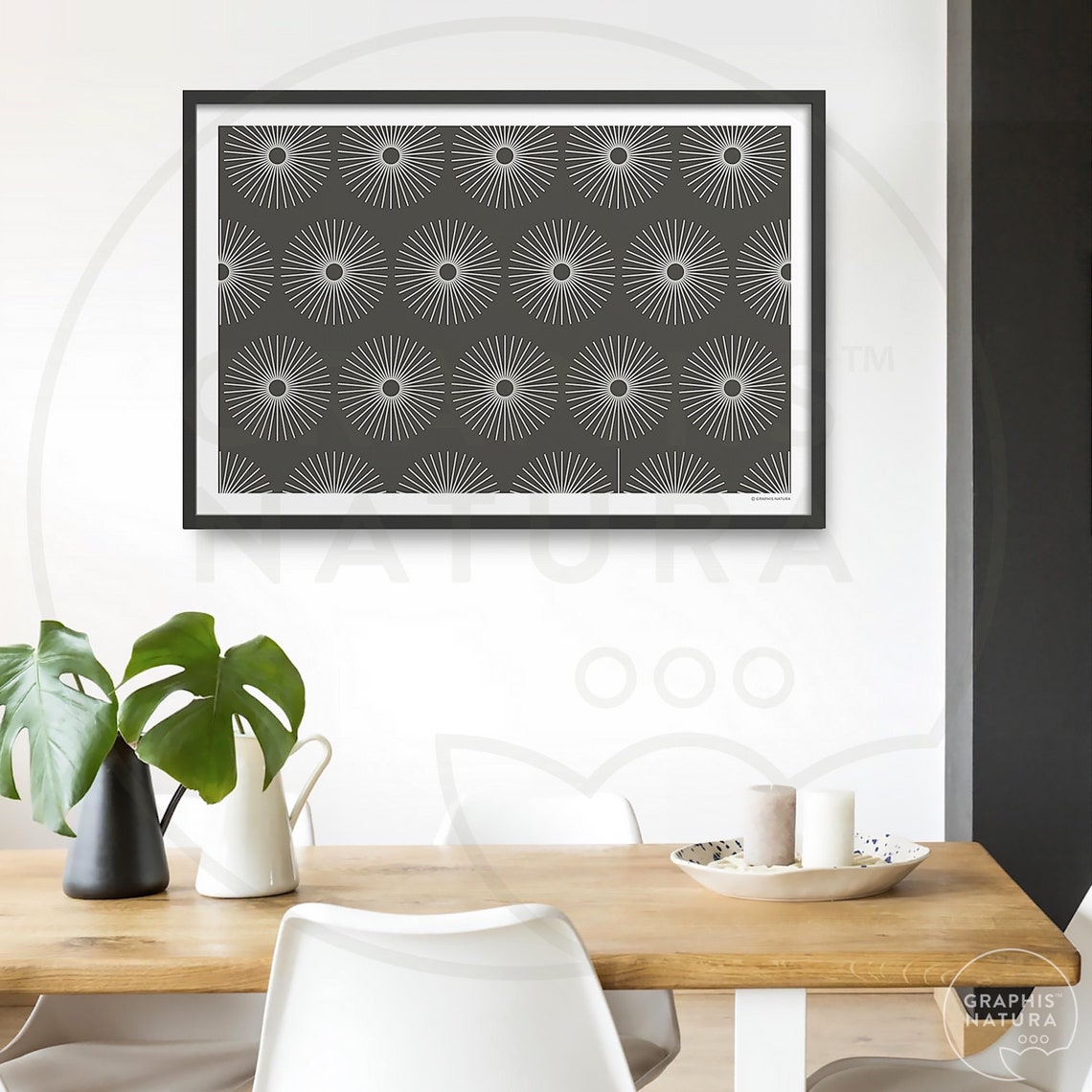 White Sunburst Flower Pattern on Charcoal Botanical Art Poster - Image 4