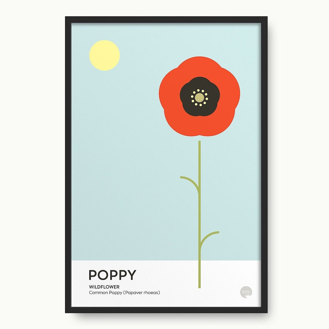 Single Tall Red Poppy Wildflower on Sky Blue Botanical Art Poster - Image 3