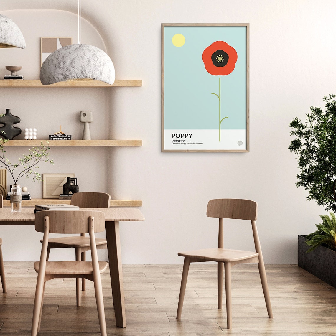 Single Tall Red Poppy Wildflower on Sky Blue Botanical Art Poster - Image 4