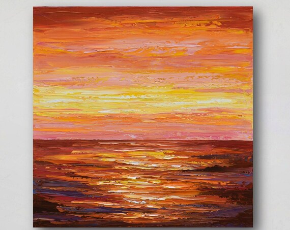 Warm Orange Sunset Over Ocean Red Sky Impasto Seascape Art Print