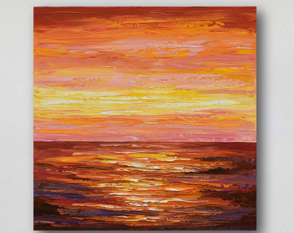 Warm Orange Sunset Over Ocean Red Sky Impasto Seascape Art Print