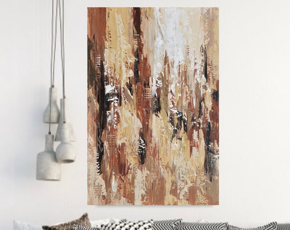 Large Brown Abstract Painting On Original Acrylic Artwork Beige Palette Knife Art Vertical Modern Art