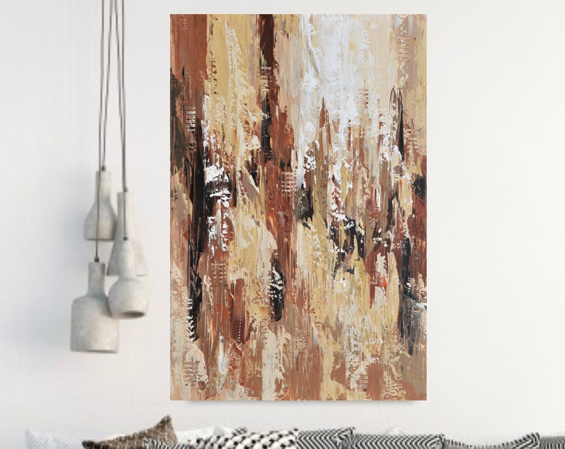 Large Brown Abstract Painting On Original Acrylic Artwork Beige Palette Knife Art Vertical Modern Art