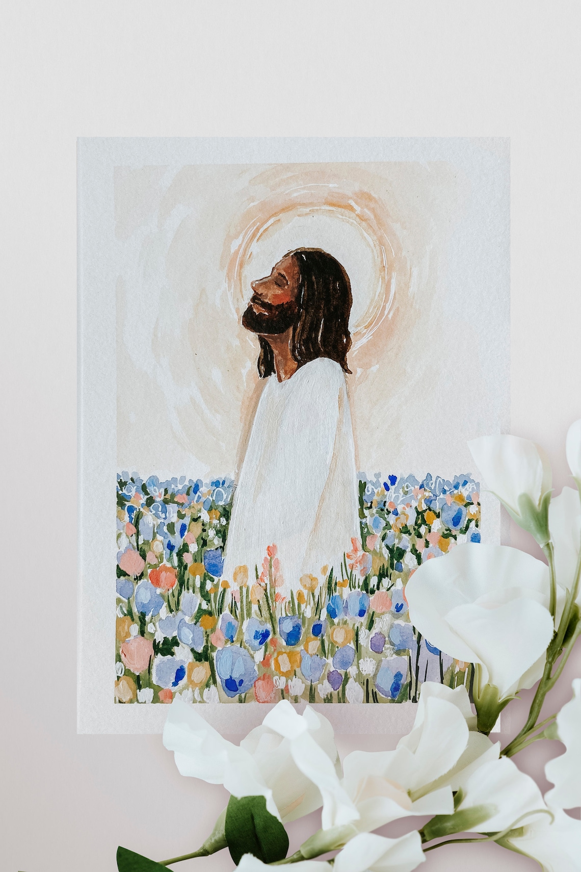 Jesus Christ in Flowers, Christian Religious Art Print - Image 2