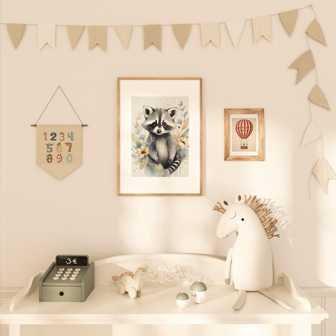 Baby Raccoon Watercolor Nursery Portrait With Yellow Flowers Poster - Image 2
