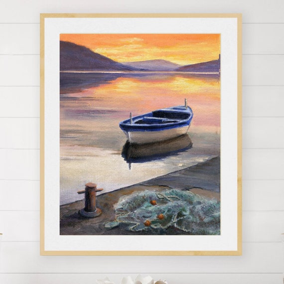 Wooden Row Boat Painting Print Calm Lake Jetty Art Pier Fishboat Sunset Art Poster Dock Bay Water Reflections Fishing Lover Gift For Dad