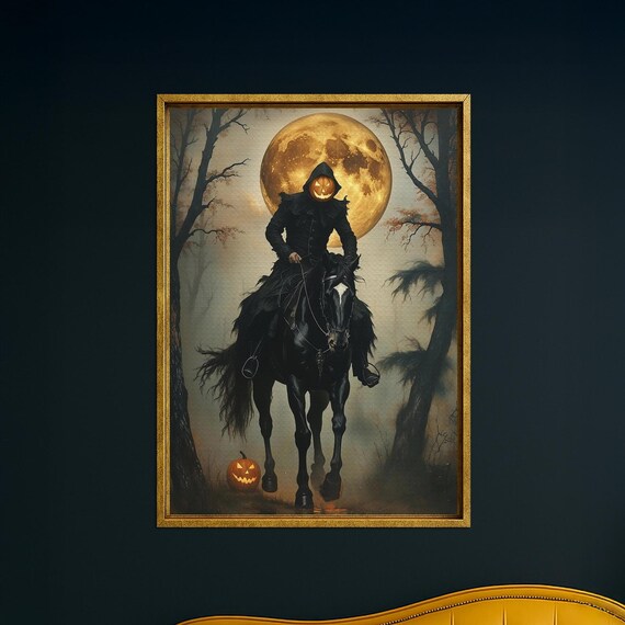Headless Horseman Halloween Canvas Wall Art Pumpkin Rider Spooky Decor