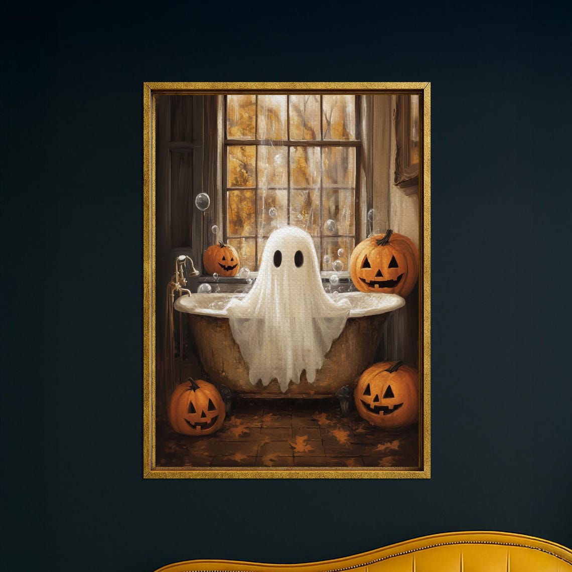 Cute Ghost Taking Bubble Bath with Jack o Lanterns Halloween Wall Art